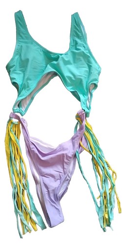 Beach wear Bikini All in One with tassels Size Small Green Purple and Yellow