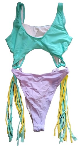 Beach wear Bikini All in One with tassels Size Small Green Purple and Yellow