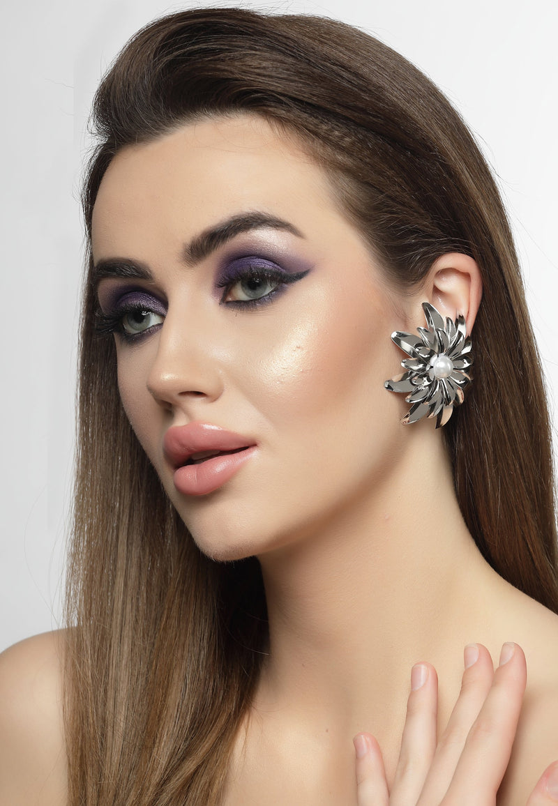 Silver-Colored Floral Stud Earrings