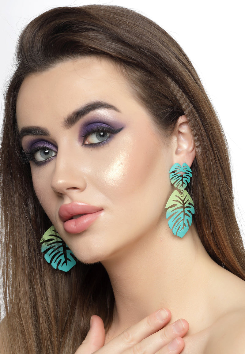 Green Palm Leaf Dangle Earrings