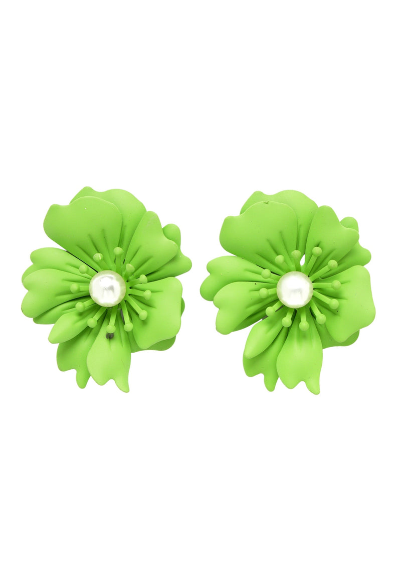 Floral Pearl Stud Earrings In Matcha Green