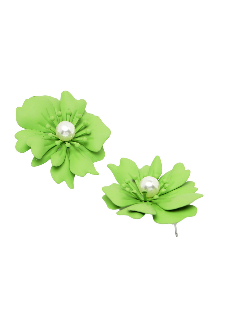 Floral Pearl Stud Earrings In Matcha Green