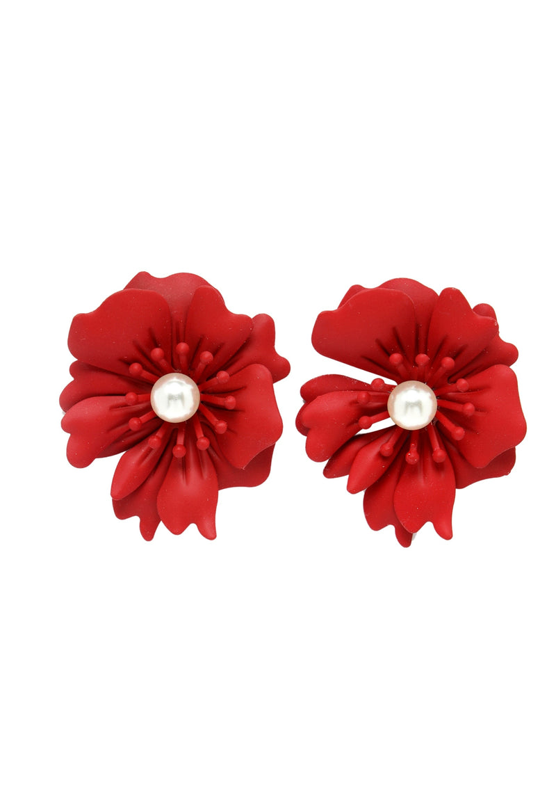 Floral Pearl Stud Earrings In Red