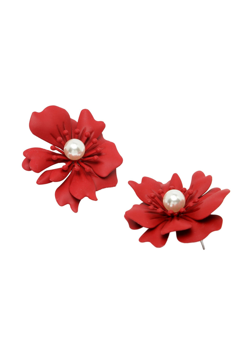 Floral Pearl Stud Earrings In Red