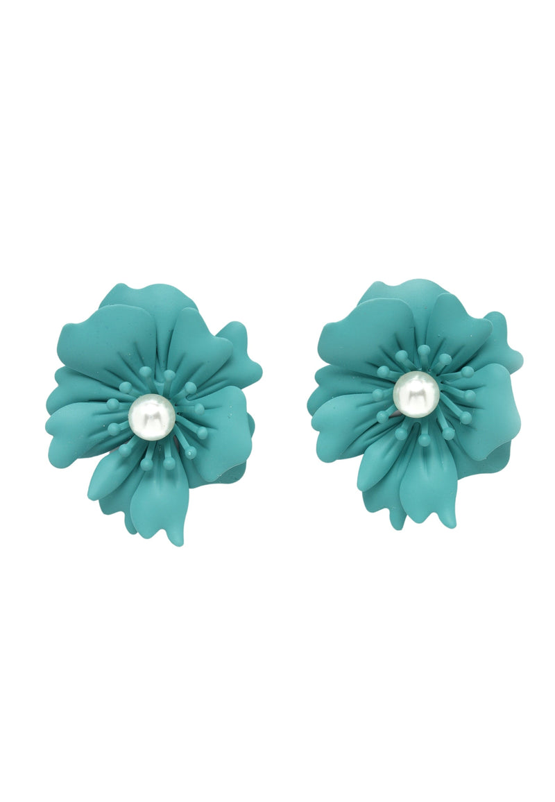Floral Pearl Stud Earrings In Dark Green