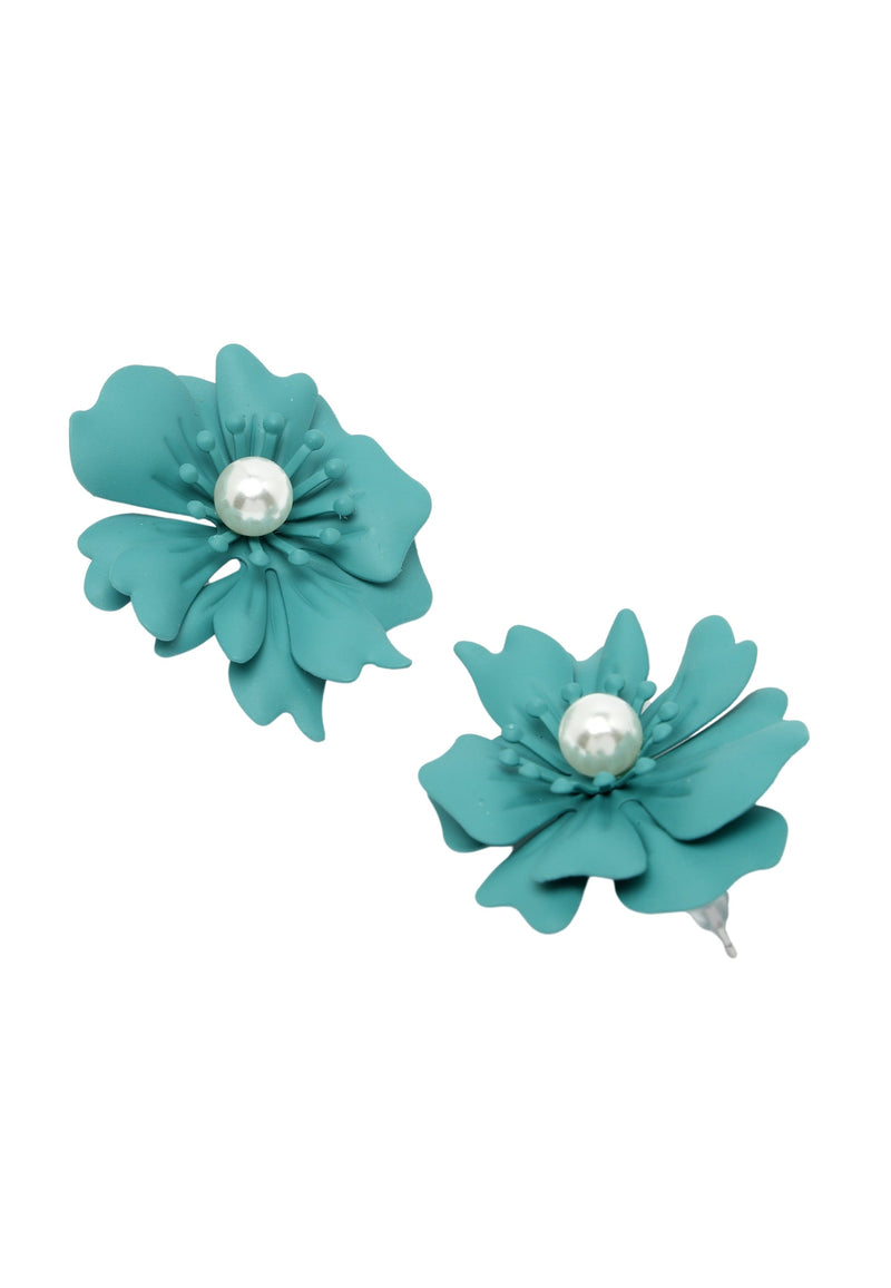 Floral Pearl Stud Earrings In Dark Green