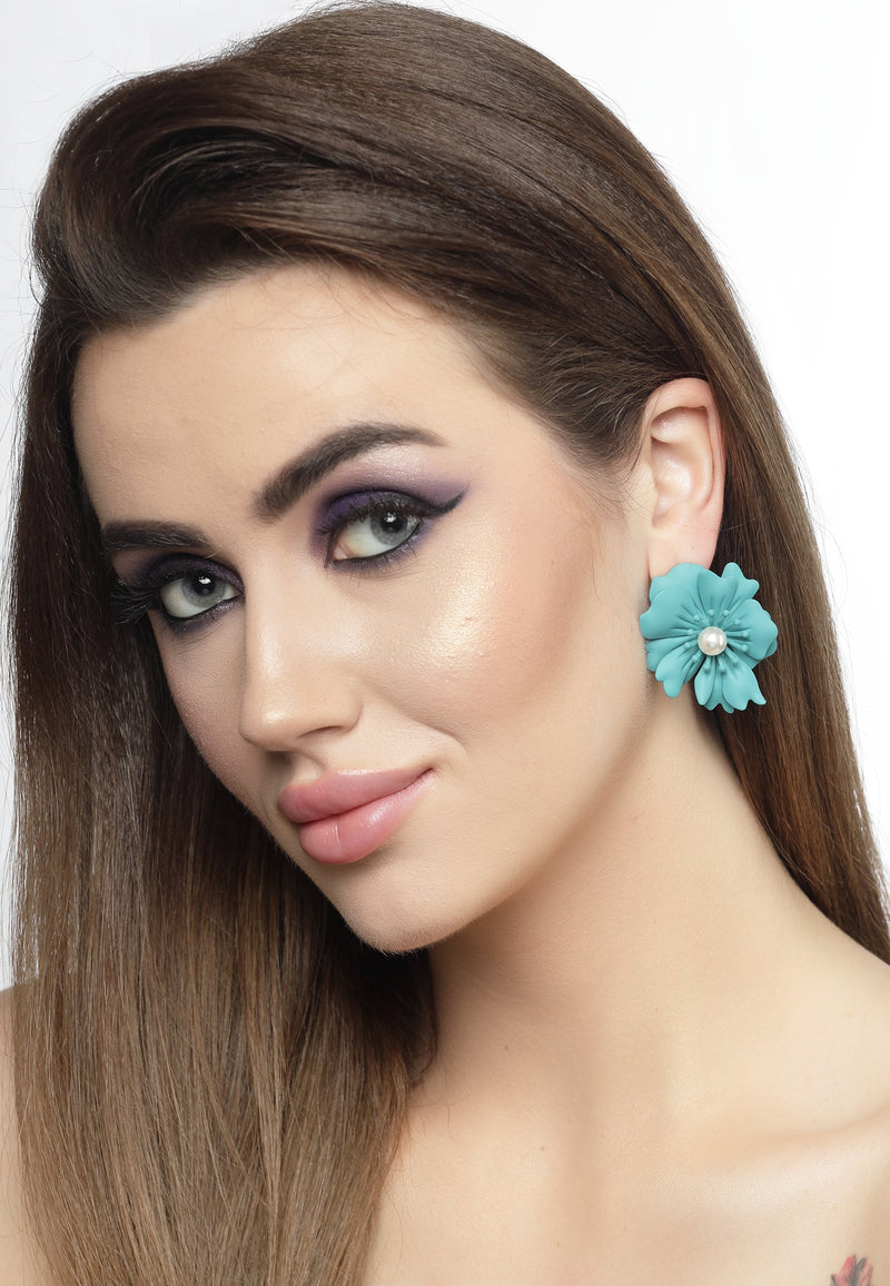 Floral Pearl Stud Earrings In Dark Green
