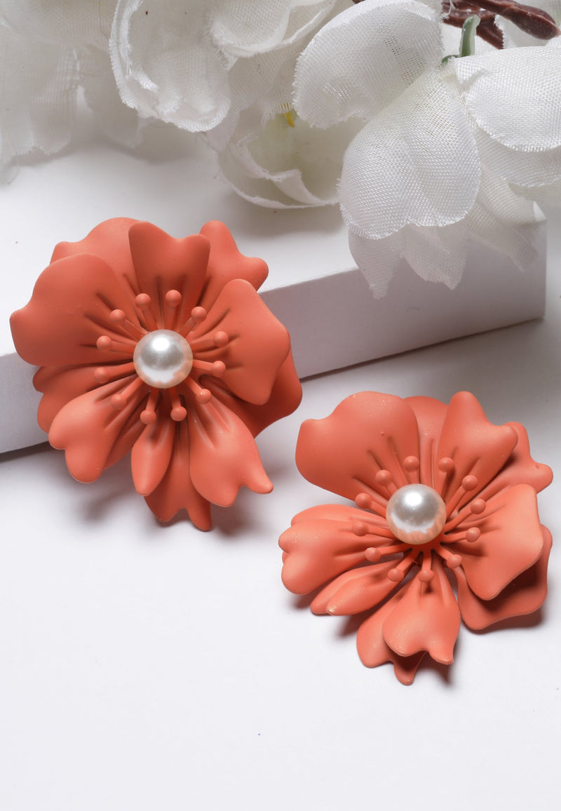 Floral Pearl Stud Earrings In Orange