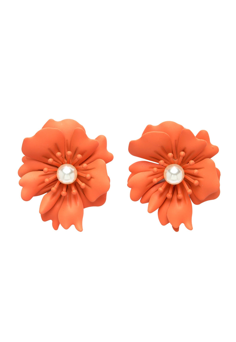 Floral Pearl Stud Earrings In Orange