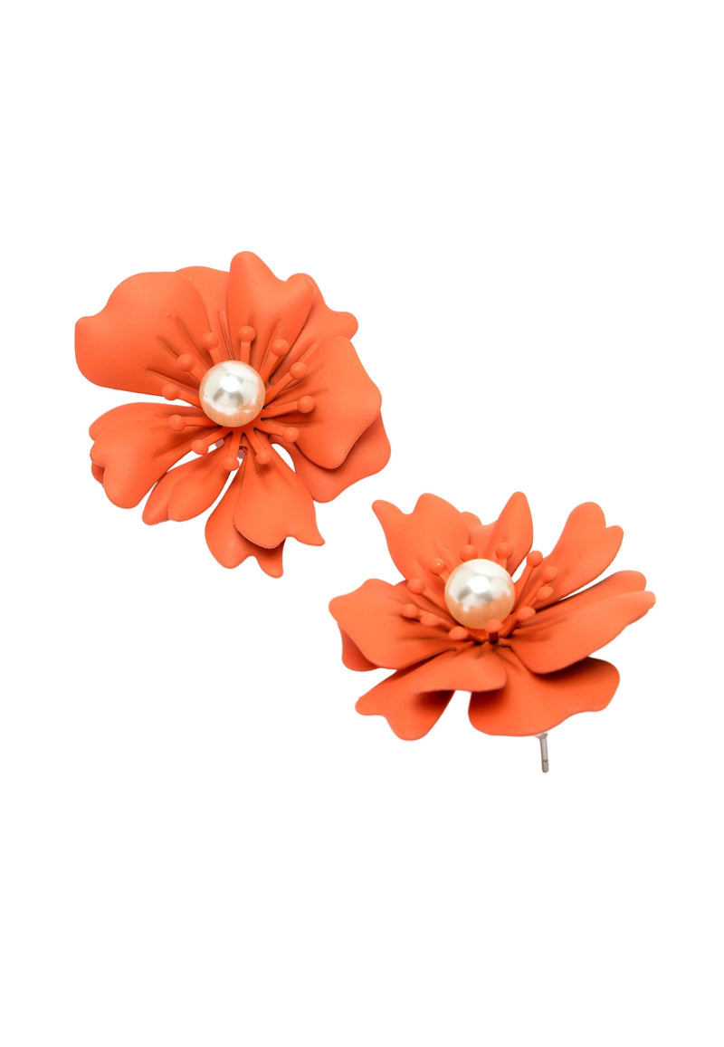 Floral Pearl Stud Earrings In Orange