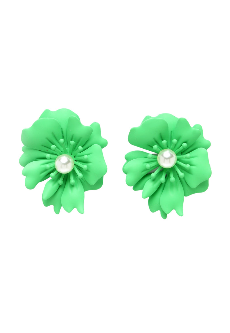 Floral Pearl Stud Earrings In Green