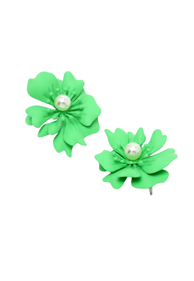 Floral Pearl Stud Earrings In Green