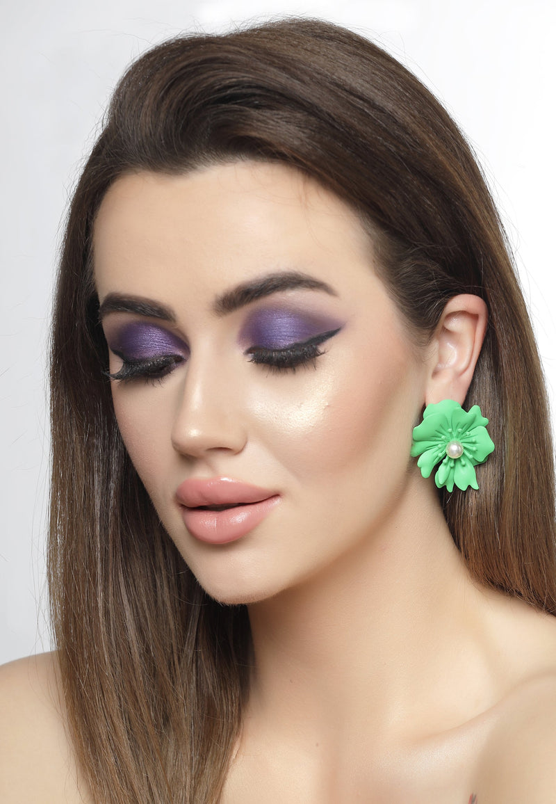 Floral Pearl Stud Earrings In Green