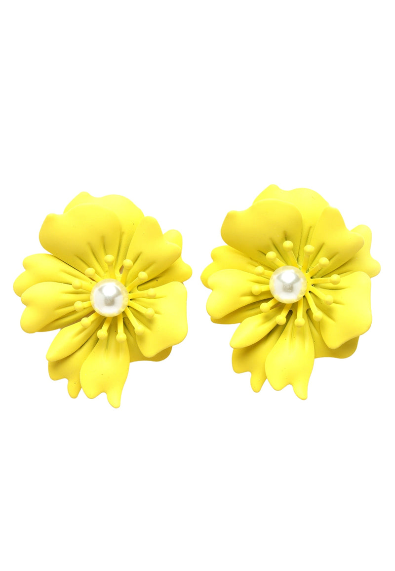 Floral Pearl Stud Earrings In Yellow