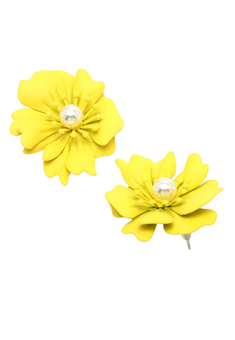 Floral Pearl Stud Earrings In Yellow