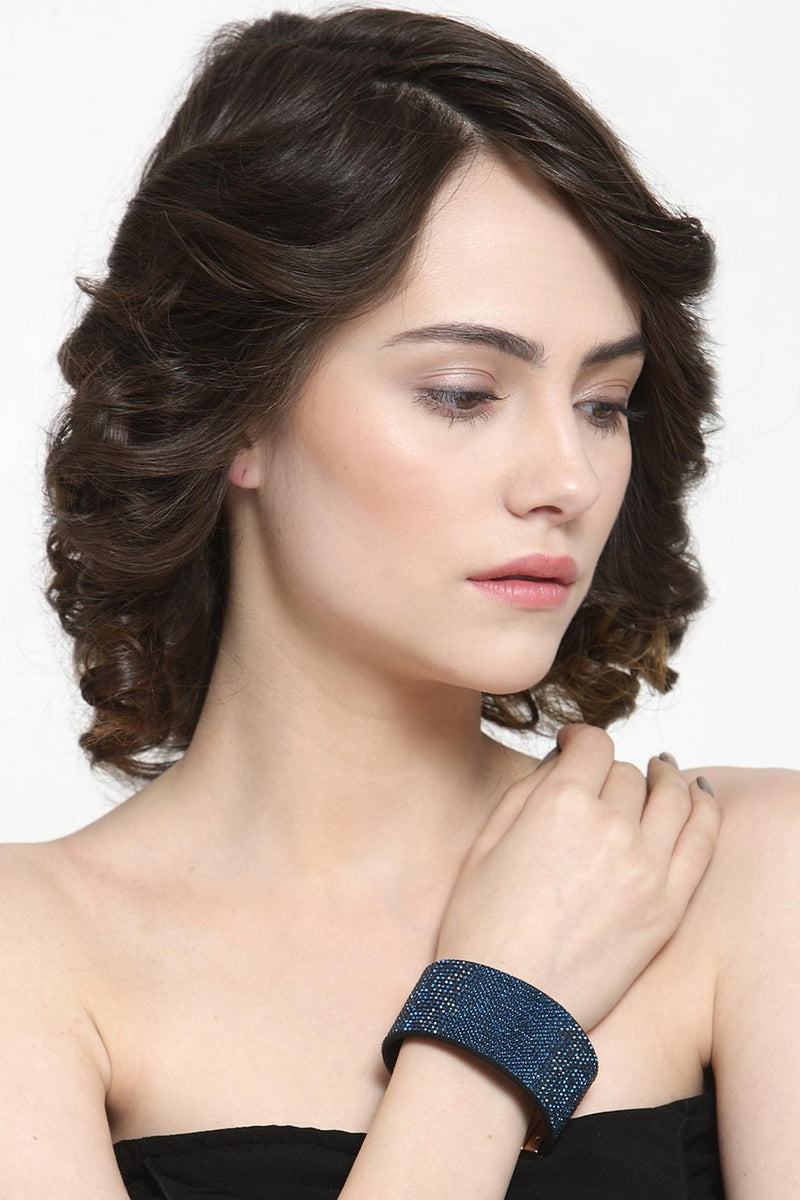 Luxury Crystal-Studded Leather Cuff Bracelet