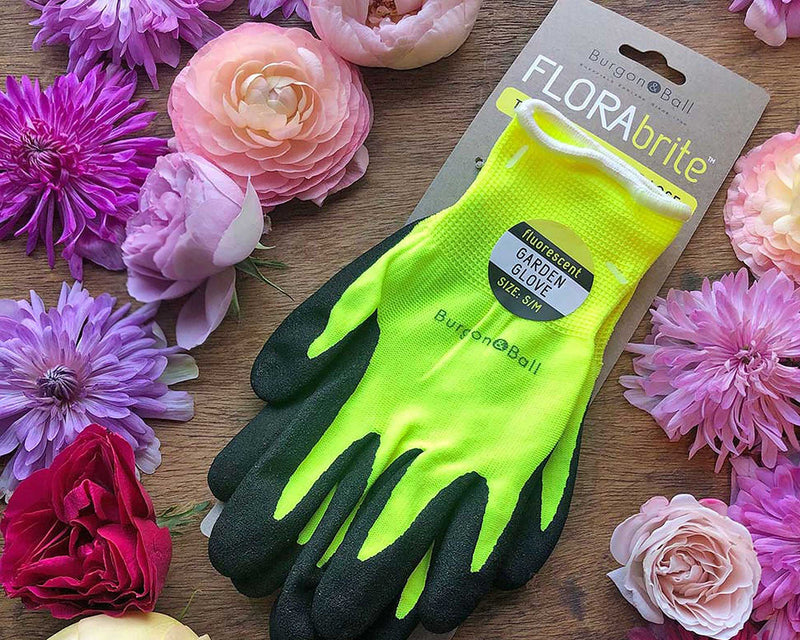 FloraBrite® Yellow Garden Gloves S/M: fluorescent yellow gardening gloves with nitrile-coated grip and a glow-in-torchlight logo