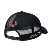 ABSOLUTE360 Logo Trucker Hat in white with black mesh, back view on white background