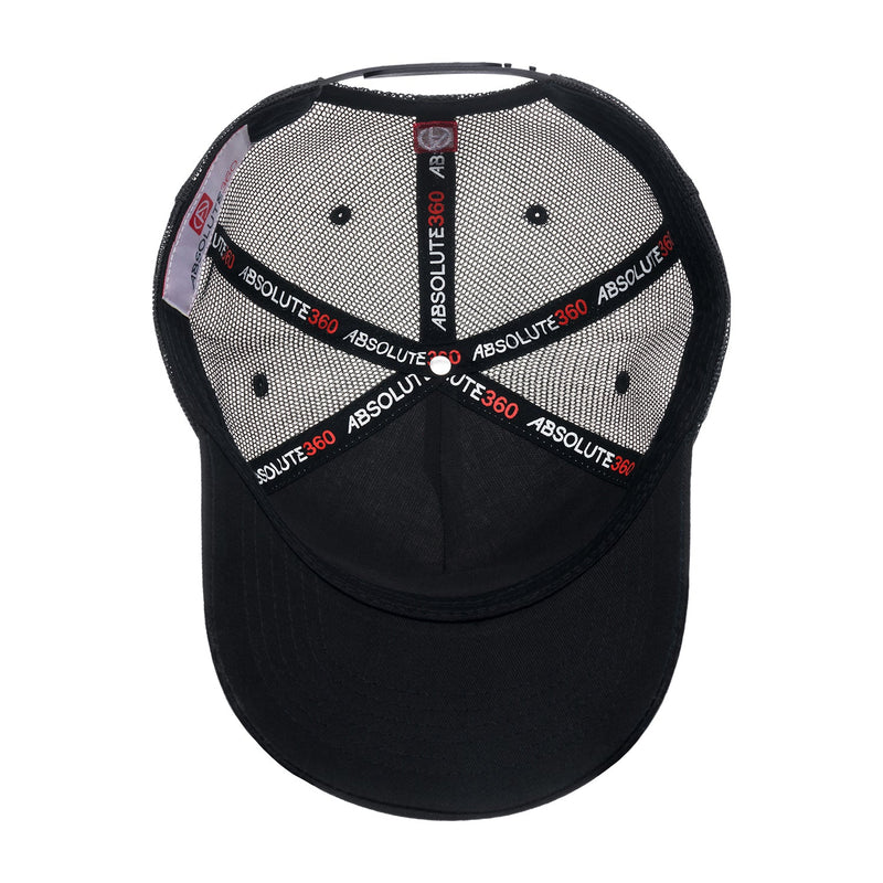 ABSOLUTE360 Logo Trucker Hat in white with black mesh, inside view on white background