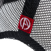 ABSOLUTE360 Logo Trucker Hat in white with black mesh, detailed mesh fabric with embroidered logo on white background