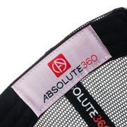 ABSOLUTE360 Logo Trucker Hat in white with black mesh, detailed woven label on white background