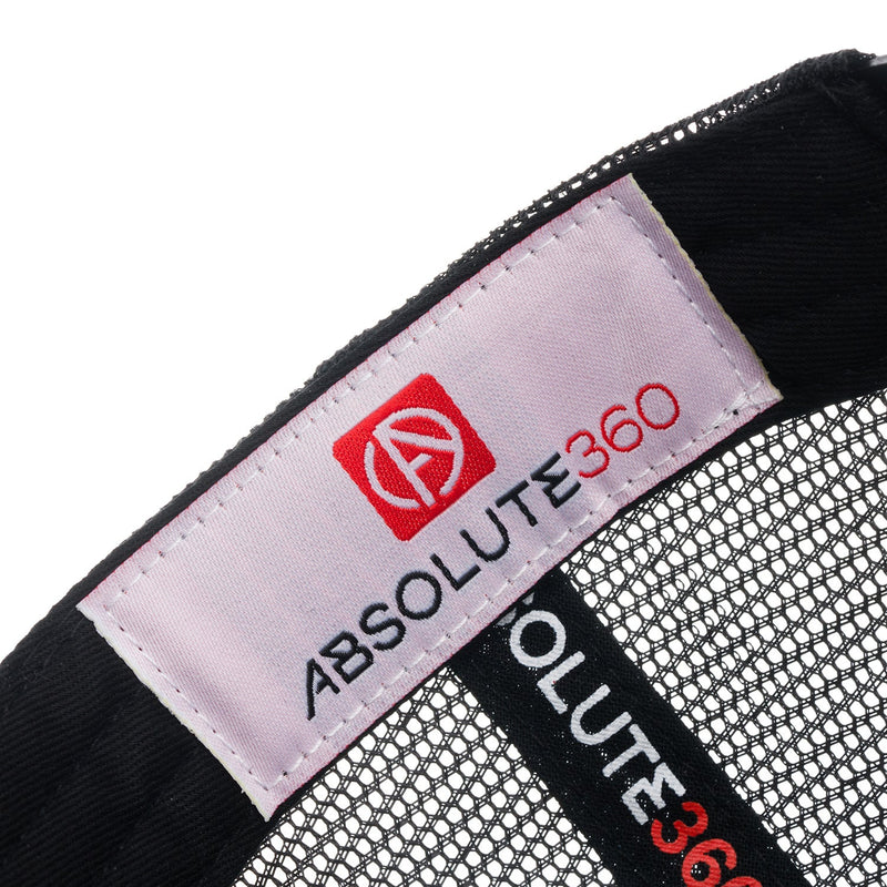 ABSOLUTE360 Logo Trucker Hat in white with black mesh, detailed woven label on white background