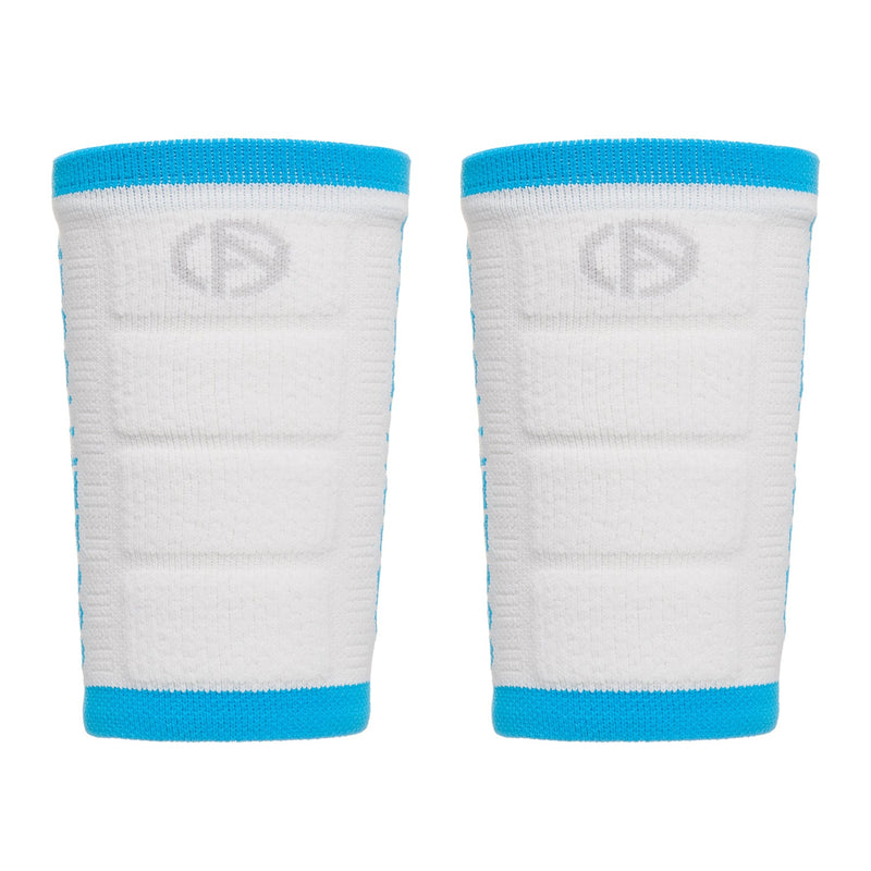 ABSOLUTE360 pair of white wristbands with turquoise accents, product image on white background