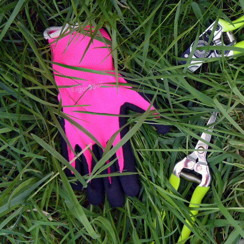 FloraBrite® Pink Garden Gloves S/M: fluorescent pink gardening gloves with nitrile-coated grip and a glow-in-torchlight logo | Multi-Task Gloves | 501960013167 501960013167 | AllotMate Essentials