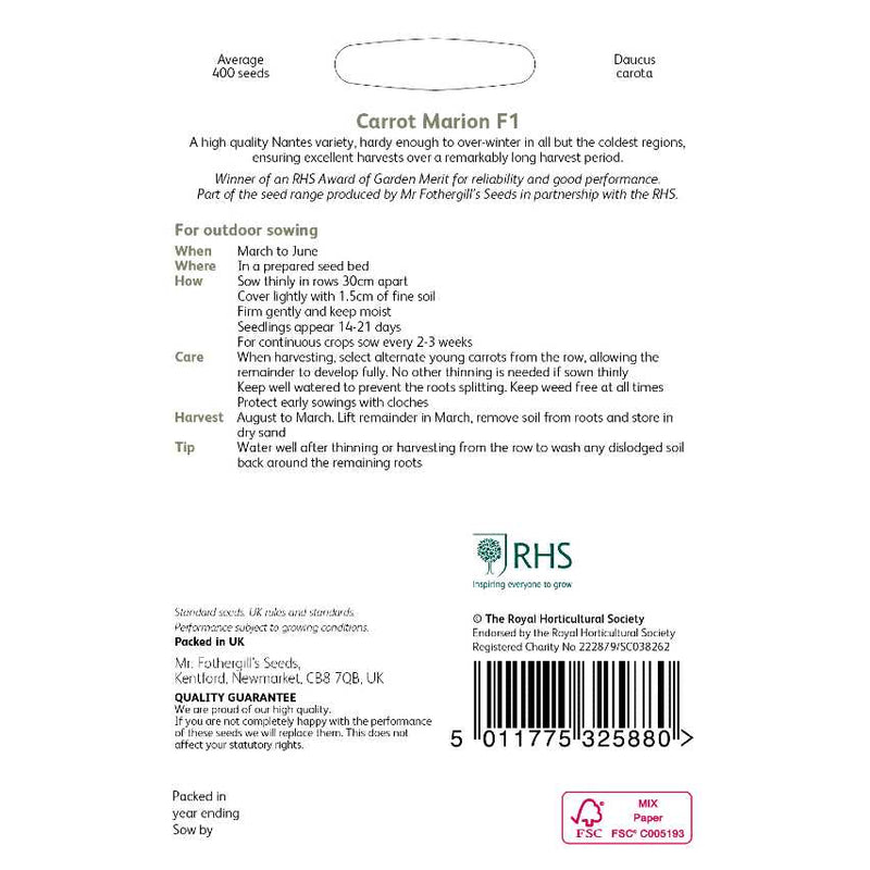 Mr Fothergill's RHS Carrot Marion F1 Seeds, Nantes Variety, High Yield Vegetable Seeds | Vegetable Seeds | 5011775325880 5011775325880 | AllotMate Essentials