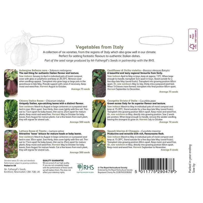 RHS Vegetables from Italy Vegetable Seeds Collection 6 Authentic Italian Varieties | Vegetable Seeds | 5011775290478 5011775290478 | AllotMate Essentials